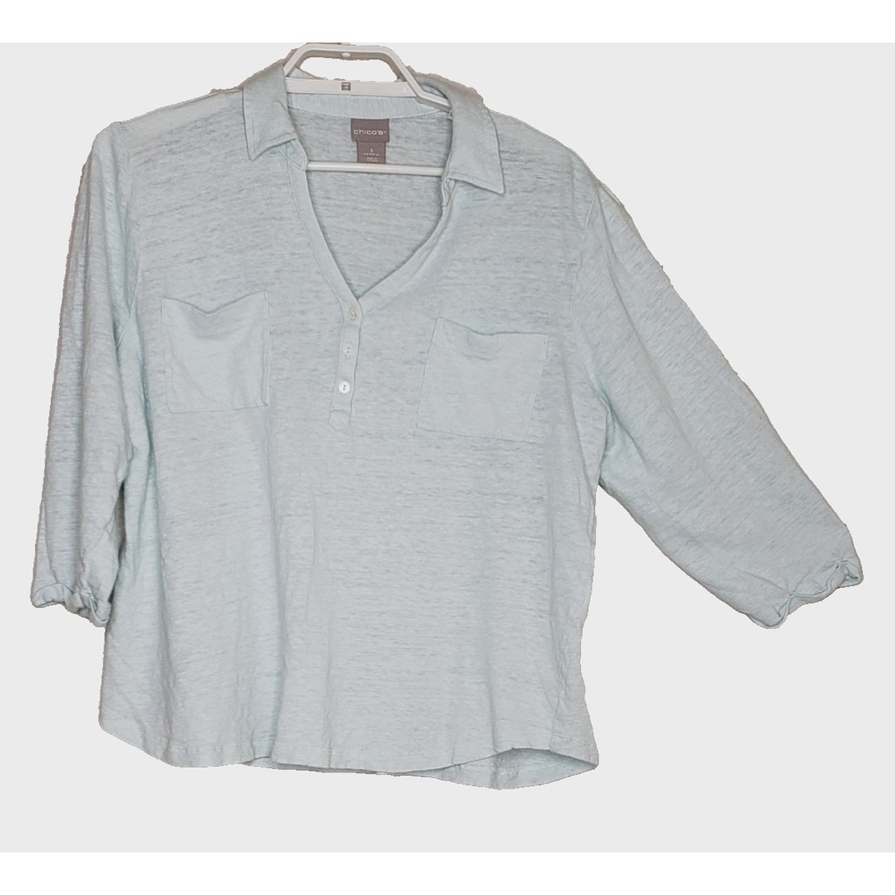 Chico's Pullover‎ Top Size 3 XL LIght Blue 3/4 Sleeve V-Neck 100% Linen Pockets